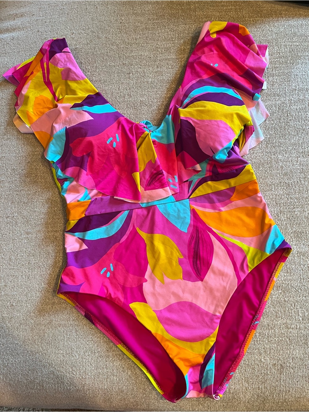 Trina Turk womens' Pink Tropical Ruffle One-Piece Swimsuit